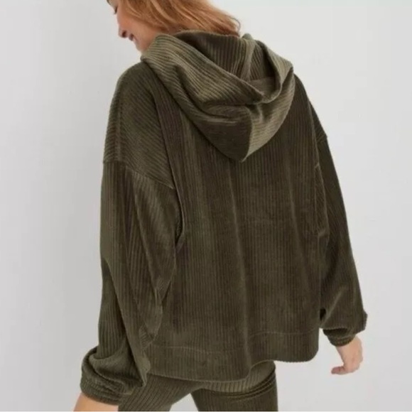 Aerie Groove On Velour Oversized Cropped Hoodie Green Sz XL - Picture 2 of 11